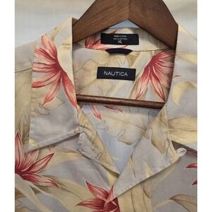 Nautica Mens XL Floral Hawaiian Shirt Blue Beige Red Bird Of Paradise Pattern